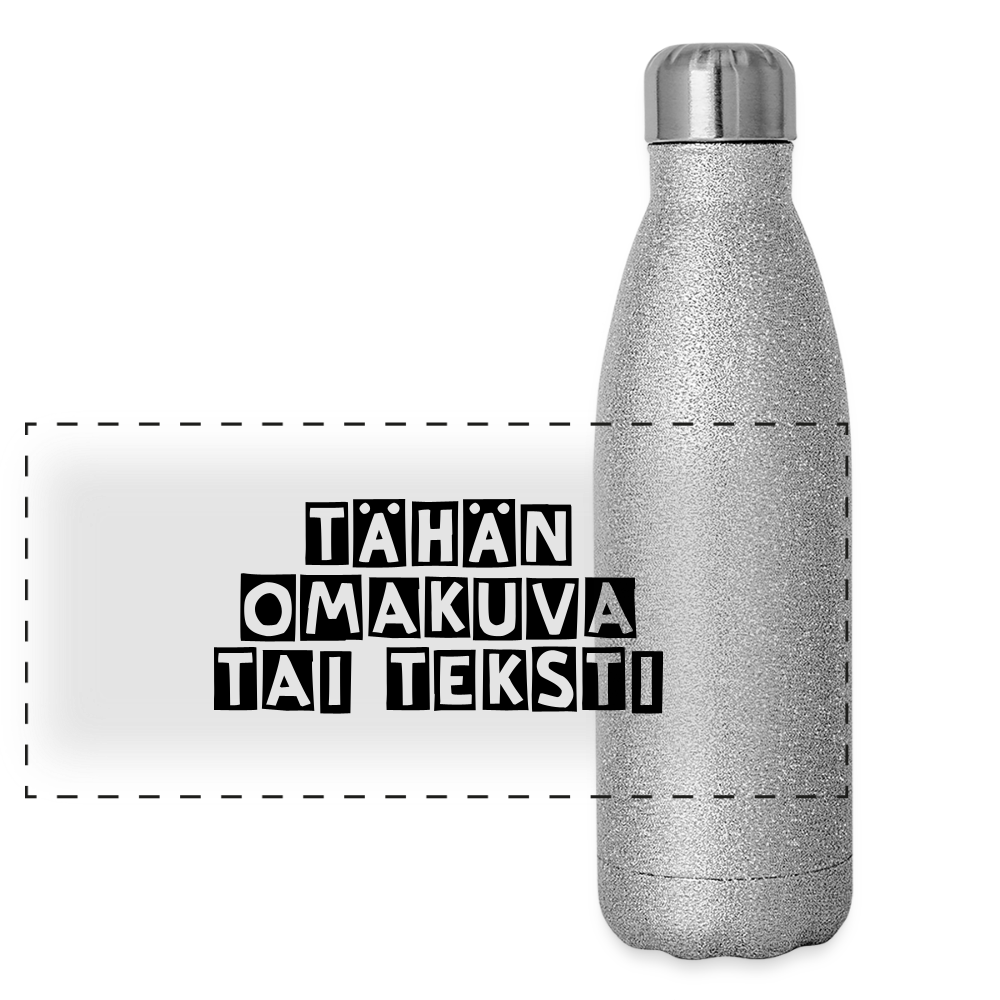 Glitter-termospullo omalla kuvalla. Ruostumattomasta teräksestä - hopeakimalle