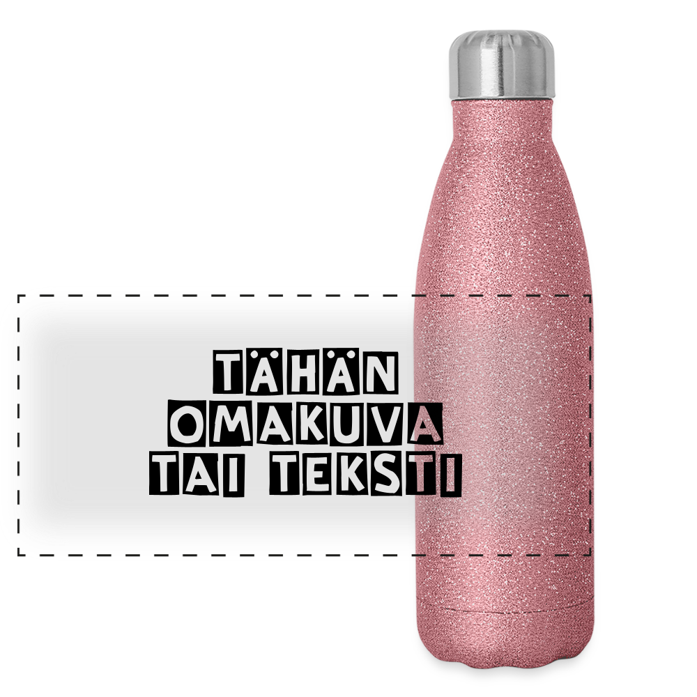 Glitter-termospullo omalla kuvalla. Ruostumattomasta teräksestä - pinkki kimalle