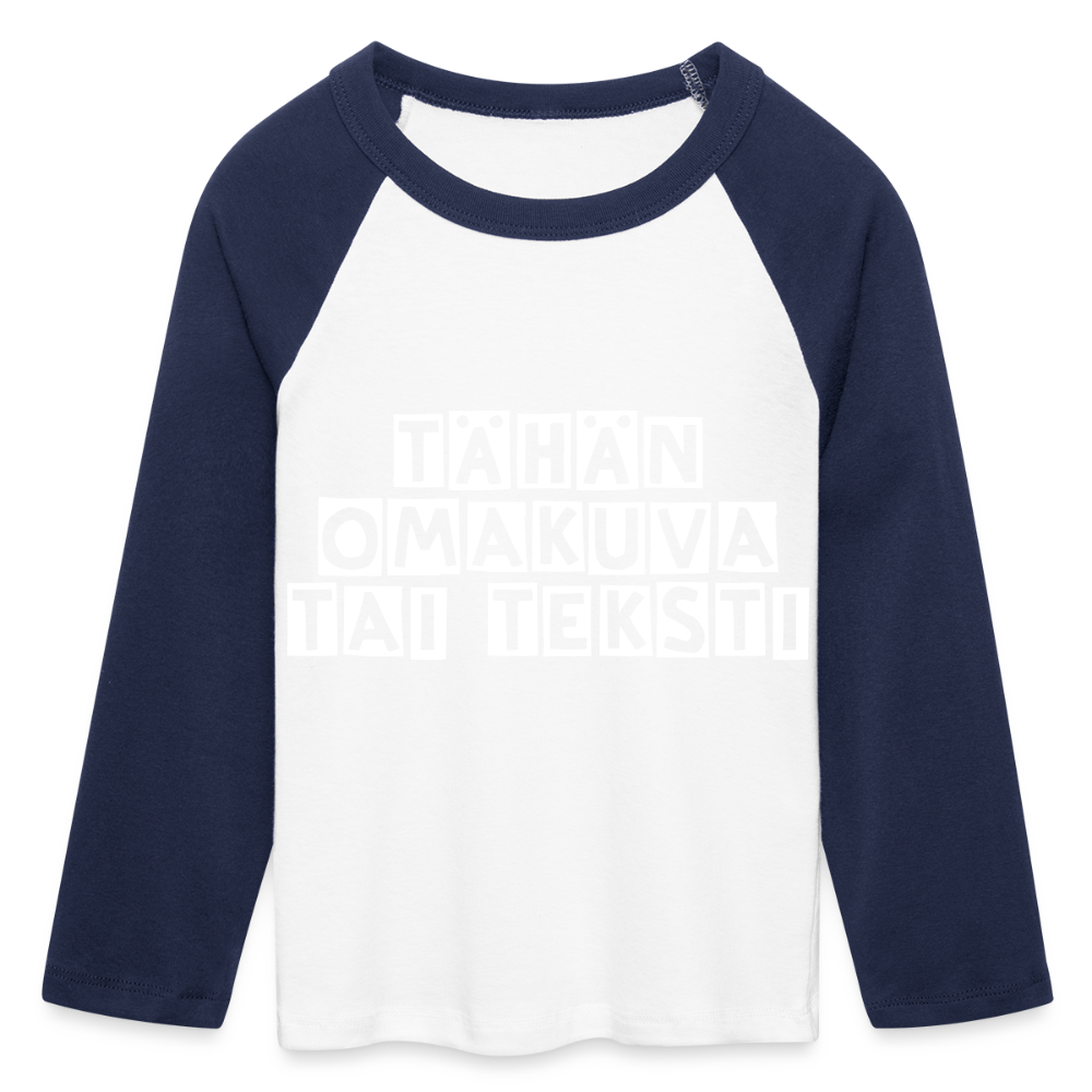 Cropped naisten baby t-paita omalla kuvalla. 3/4 hihat. - valkoinen/laivastonsininen 