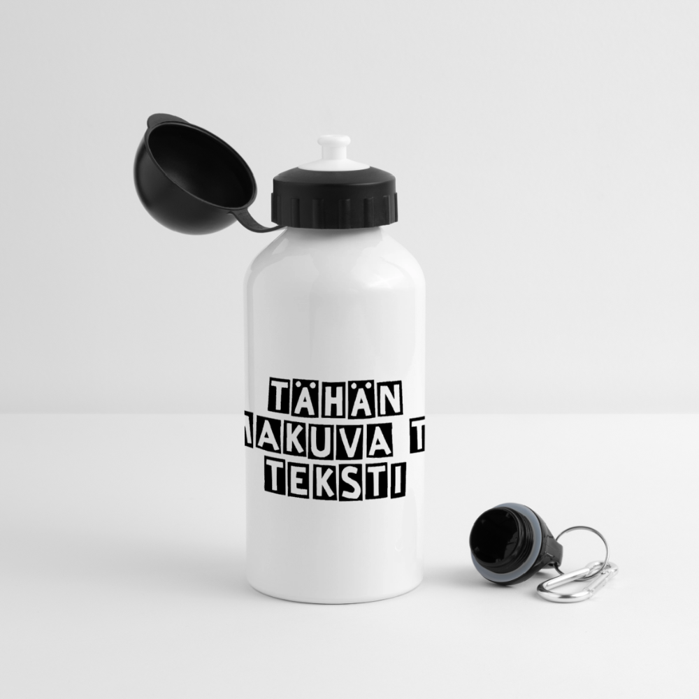 Juomapullo omalla kuvalla, kahdella eril. kannella/korkilla - valkoinen